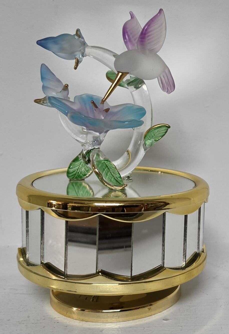 Vintage Mirrored Hummingbird Glass Art Music Box Rotating Gold Trim Plays